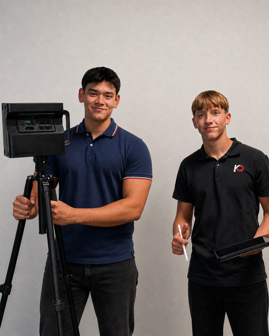 Axel Kaiser und Kevin Ortlieb von KO Performance mit Matterport-Kamera und Tablet