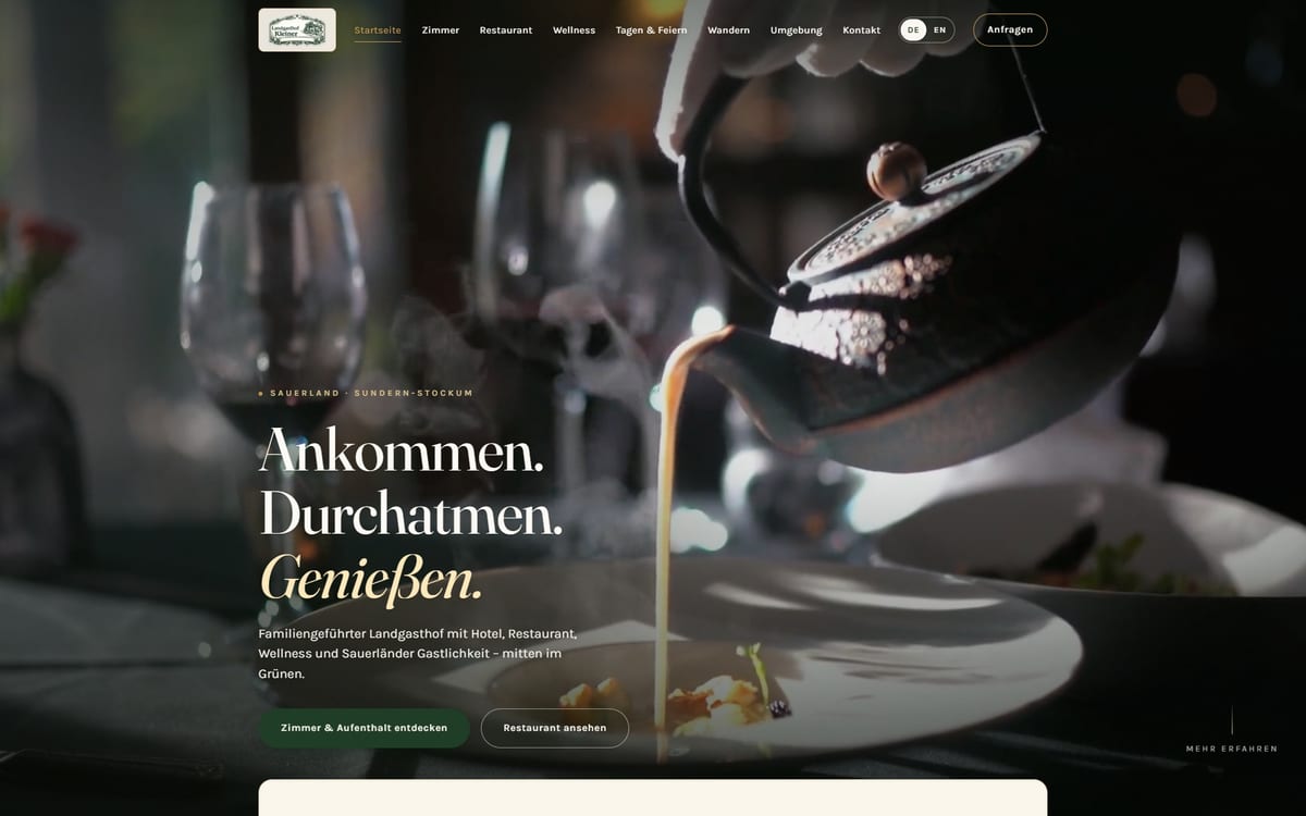 Startseite der Website für den Landgasthof Kleiner in Sundern-Stockum